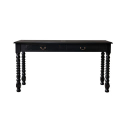Black console table with twisted legs on a white background