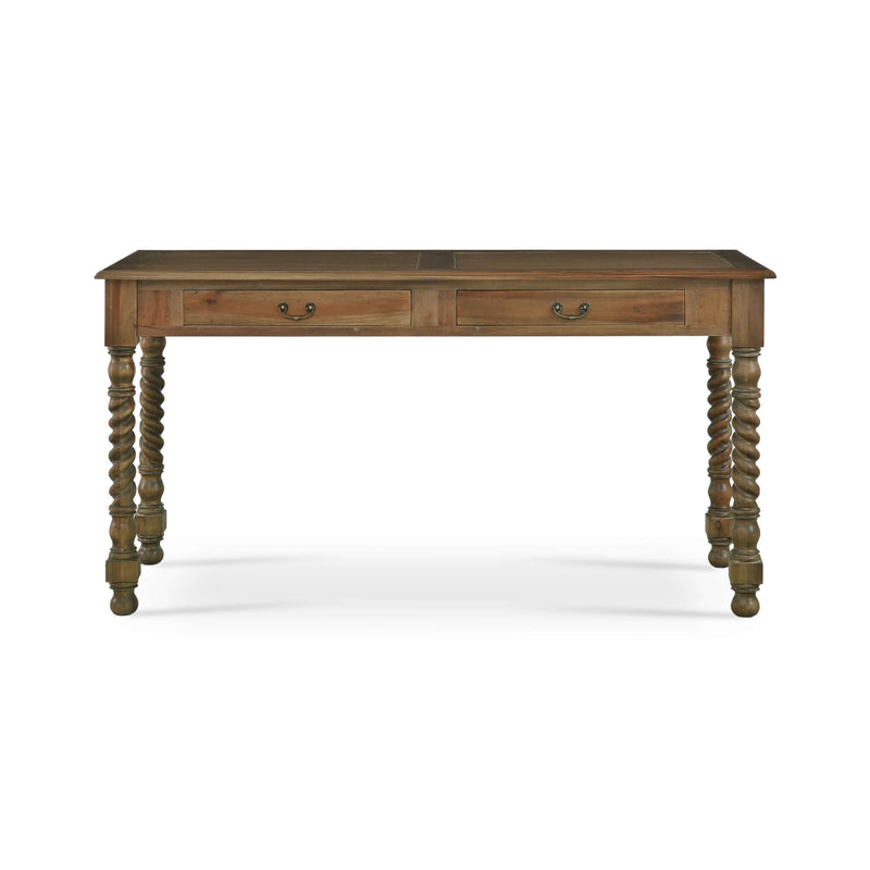 Wooden desk with spindle legs on a white background