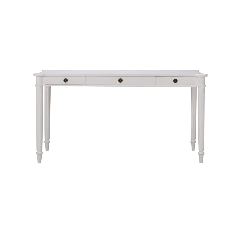 White wooden table with three drawers on a white background