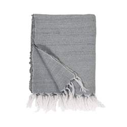 Gray woven blanket with white tassels on a white background