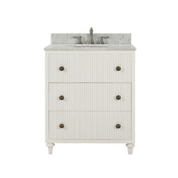 White bathroom vanity with marble countertop and bronze fixtures on a white background