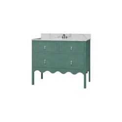 Green bathroom vanity with marble countertop on a white background