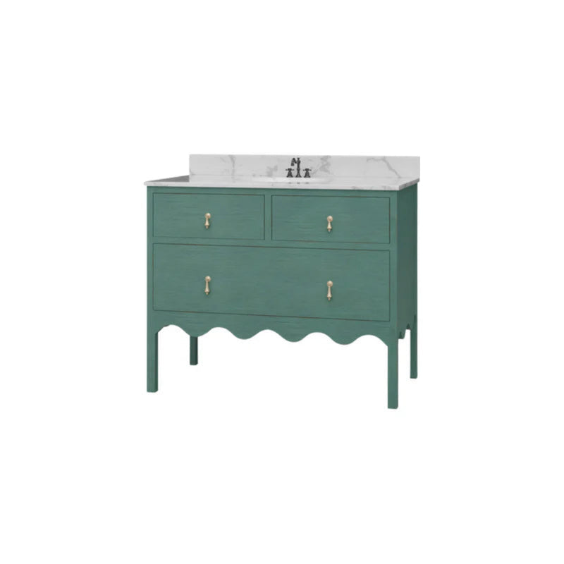 Green bathroom vanity with marble countertop on a white background